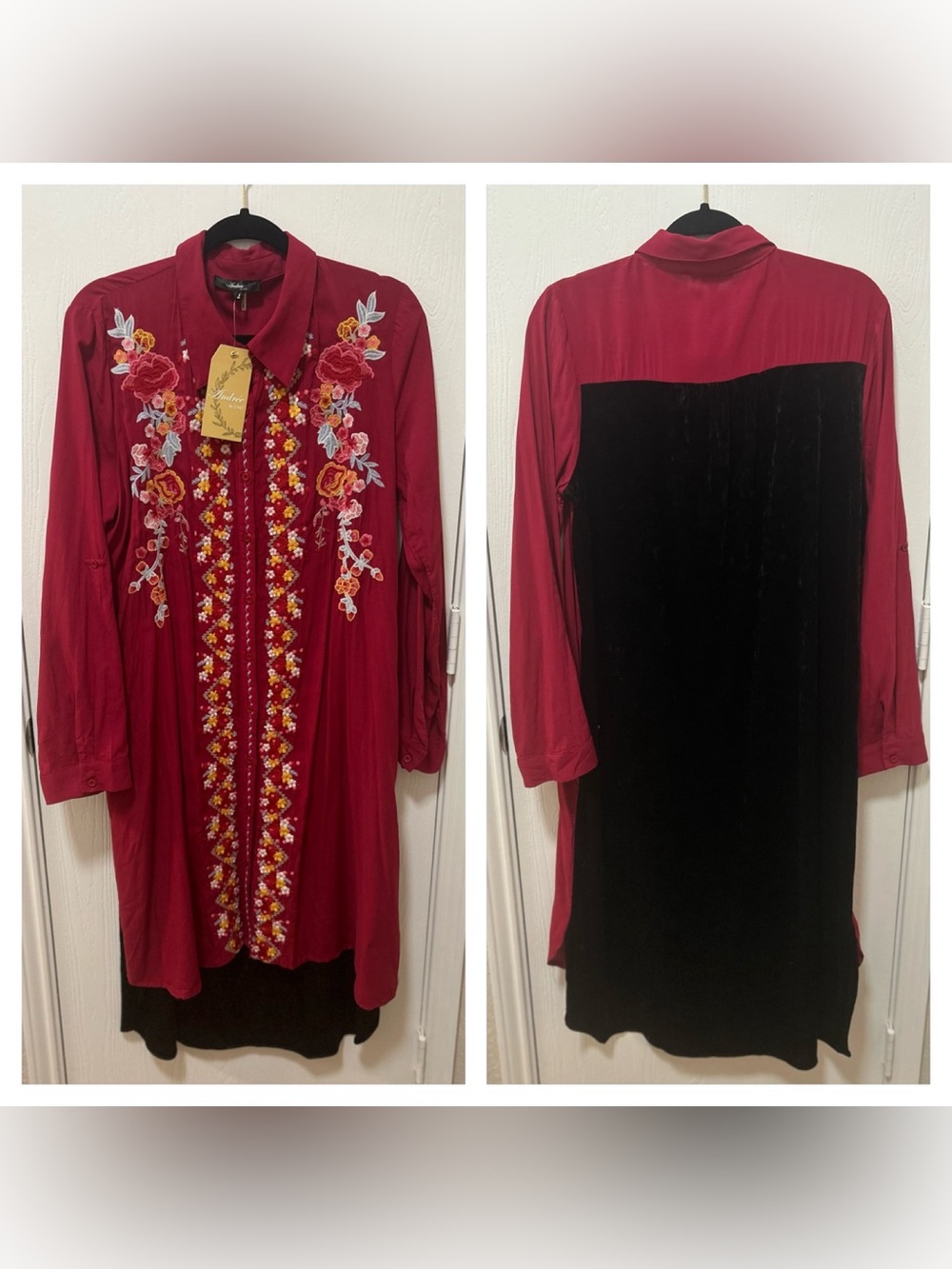 Andree by Unit NWT red embroidered button down tunic floral embroidery sz Large